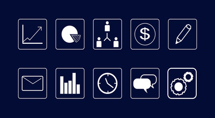 Business concept. Business icons set on the cute dark backgrouns. Design and development business background. Flat style. Vector illustration