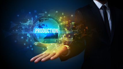 Elegant hand holding PRODUCTION inscription, digital technology concept