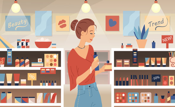 Cosmetic store, makeup, skincare, beauty concept. Perfumer girl near shelves with perfumes. Young woman is choosing new aroma at the counter of a perfume shop. Flat style. Vector illustration