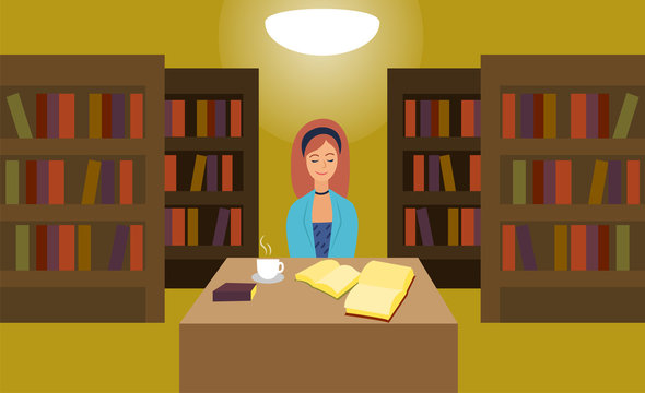 Librarian girl near bookcases. Woman at workplace with aroma coffee and books on the table. Flat style. Vector illustration