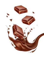 Vector realistic chocolate splash with bar pieces