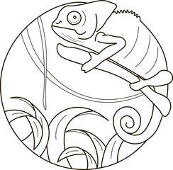 Chameleon in jungle illustration. Chameleon logo template. Chameleon in jungle black isolated on white background.