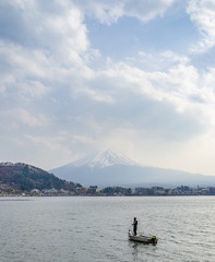 Mountain lake angler on the Kawaguchi lake