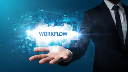 Hand of Businessman holding WORKFLOW inscription, successful business concept