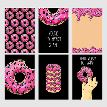 Set of bright food cards. Set of cartoon donuts with pink glaze. Seamless pattern with pink donuts. Pink donut's background, card, poster. Texture for fabric, wrapping, wallpaper. Decorative print.
