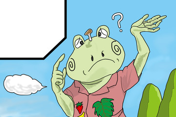 カエルの頭からキノコが1本生えてきて、悩んでいる様子を描きました。