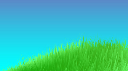 Fototapeta na wymiar Green grass meadow background. Border pattern on blue sky spring or summer. Field, lawn organic, bio, eco. High fresh digital imitation, blend. Vector illustration Eps 10
