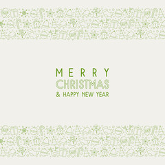 Merry Christmas and Happy New Year. Greeting card with Xmas icons and wishes. Vector