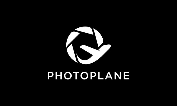 Black white camera lens photography with plane airplane logo