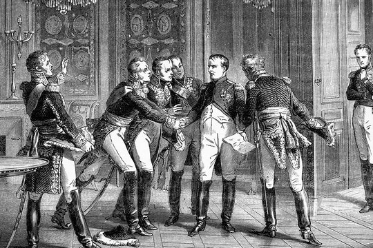 Napoleon announces to the marshals his abdication. 1814. Antique illustration. 1890.