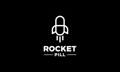 black white Capsule illustration logo from rocket and pill logo design concept