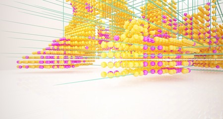 Abstract white interior from array colored spheres with window. 3D illustration and rendering.
