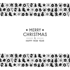Merry Christmas and Happy New Year. Greeting card with beautiful festive elements and wishes. Vector