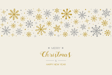 Fototapeta na wymiar Merry Christmas and Happy New Year. Christmas greeting card with snowflakes and wishes. Vector