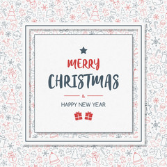 Christmas greeting card with festive icons and wishes. Xmas decoration. Vector