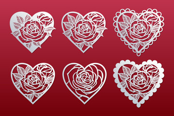 Laser cut hearts set with pattern of roses. Templates for interior design, layouts wedding cards, invitations, Valentine's Day cards. Vector floral hearts.