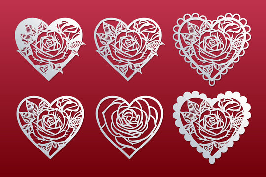 Laser cut hearts set with pattern of roses. Templates for interior design, layouts wedding cards, invitations, Valentine's Day cards. Vector floral hearts.