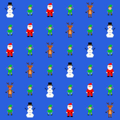 Christmas seamless pattern in style of eight-bit game. Santa, deer, snowman, elves on blue background. Vector illustration. 