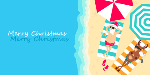 Obraz premium Christmas holiday. Santa Claus and deer Rudolph relax on the beach. Greeting Christmas card 2020