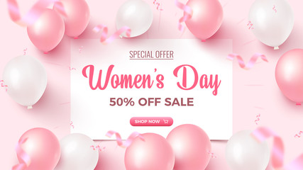 Women's Day Special Offer. 50% Off Sale banner design with white frame, pink and white air balloons on rosy background
