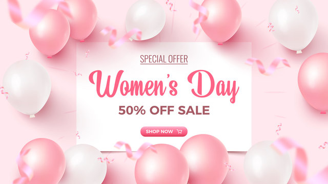 Women's Day Special Offer. 50% Off Sale banner design with white frame, pink and white air balloons on rosy background