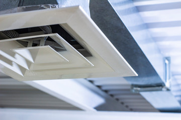 square anemostat on galvanized duct ventilation system details - obrazy, fototapety, plakaty