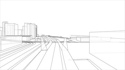 Sketch of 3D city with buildings and roads. Vector