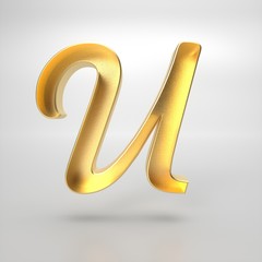  3d rendering of the letter U in gold metal on a white isolated background. © Danila Gubarev