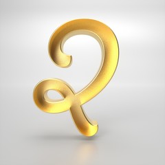  3d rendering of the letter Q in gold metal on a white isolated background.