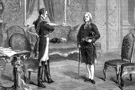 Emperor Alexander I, Tzar of Russia, meets Charles Maurice de Talleyrand, ambassador of France. Antique illustration. 1890.