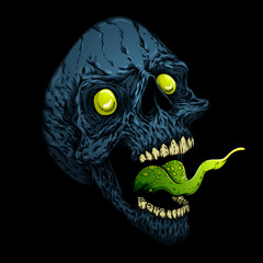 Screaming skull head with tongue. Hand drawn vector illustration in graphic style. Isolated on black background. © Sergj