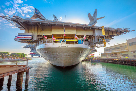 San Diego, Navy Pier, California, USA - JULY 31, 2018: Midway Battleship Memorial in San Diego California, Navy Pier of United States. National historic patriotic landmark.