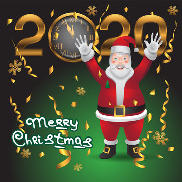 Santa Claus character 2020 watches confetti snowflakes on black isolated background. Victorea image.