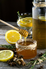 Tea with lemon and honey. Cinnamon and herbs.