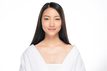 Beautiful Young Asian Woman with Clean Fresh Skin. Face care, Facial treatment, on white background, Beauty and Cosmetics Concept.