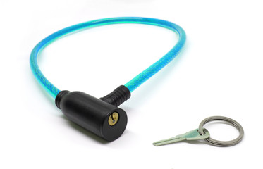 Blue bicycle lock for bike with key isolated on white background