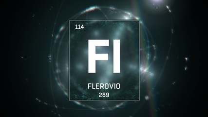 3D illustration of Flerovium as Element 114 of the Periodic Table. Green illuminated atom design background with orbiting electrons. Name, atomic weight, element number in Spanish language