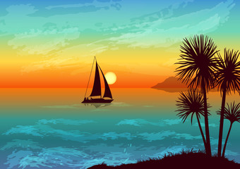 Fototapeta na wymiar Summer Exotic Landscape, Tropical Beach with Palm Trees Silhouettes, Sun in the Sky and Ship in the Ocean. Vector