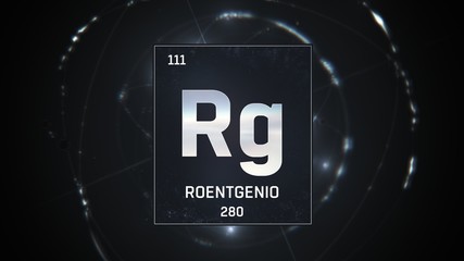 3D illustration of Roentgenium as Element 111 of the Periodic Table. Silver illuminated atom design background with orbiting electrons. Name, atomic weight, element number in Spanish language