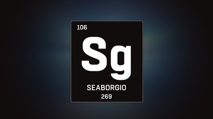 3D illustration of Seaborgium as Element 106 of the Periodic Table. Grey illuminated atom design background with orbiting electrons. Name, atomic weight, element number in Spanish language