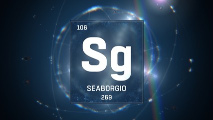 3D illustration of Seaborgium as Element 106 of the Periodic Table. Blue illuminated atom design background with orbiting electrons. Name, atomic weight, element number in Spanish language
