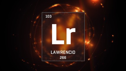 3D illustration of Lawrencium as Element 103 of the Periodic Table. Orange illuminated atom design background with orbiting electrons. Name, atomic weight, element number in Spanish language