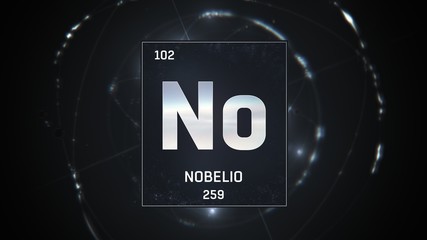 3D illustration of Nobelium as Element 102 of the Periodic Table. Silver illuminated atom design background with orbiting electrons. Name, atomic weight, element number in Spanish language
