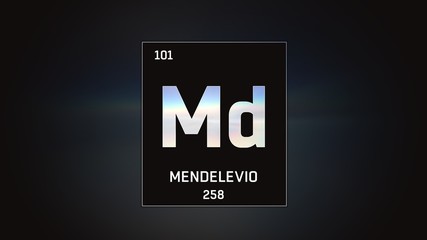 3D illustration of Mendelevium as Element 101 of the Periodic Table. Grey illuminated atom design background with orbiting electrons. Name, atomic weight, element number in Spanish language