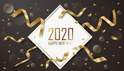  2020年　年賀状　ハッピーニューイヤー　ゴールドのリボンと黒い背景