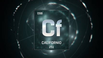 3D illustration of Californium as Element 98 of the Periodic Table. Green illuminated atom design background with orbiting electrons. Name, atomic weight, element number in Spanish language