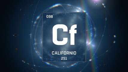 3D illustration of Californium as Element 98 of the Periodic Table. Blue illuminated atom design background with orbiting electrons. Name, atomic weight, element number in Spanish language