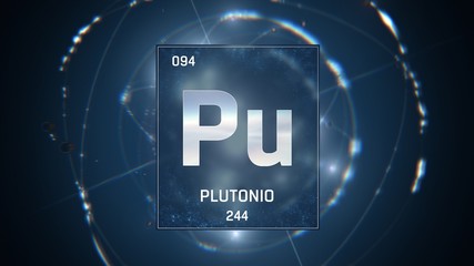 3D illustration of Plutonium as Element 94 of the Periodic Table. Blue illuminated atom design background with orbiting electrons. Name, atomic weight, element number in Spanish language
