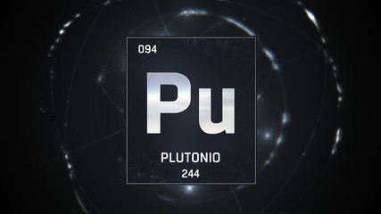 3D illustration of Plutonium as Element 94 of the Periodic Table. Silver illuminated atom design background with orbiting electrons. Name, atomic weight, element number in Spanish language