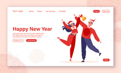 New Year celebration concept for website or landing page template. Couple of young joyful jumping people with raised hands in Santa Clause hats. They ringing in bell and dancing.